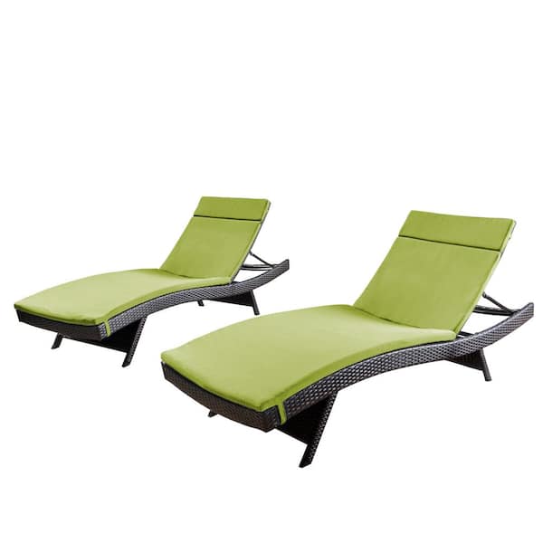 Noble House Salem Multi-Brown 4-Piece Faux Rattan Outdoor Chaise Lounge with Bright Green Cushions