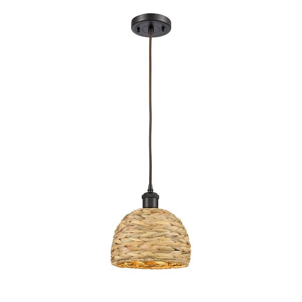 Woven Rattan 100-Watt 1-Light Oiled Brass Shaded Mini Pendant Light with Rattan Shade