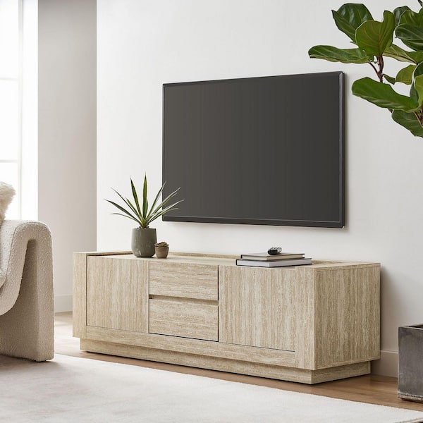 Hollis TV Console with Faux in Travertine Finish-Modern Living Room Media Cabinet with 2 Doors and 2 Drawers