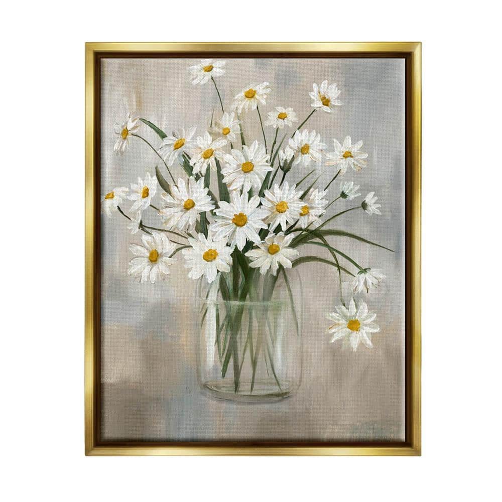 Daisy Bloom Bouquet Gold Framed Floating Canvas Wall Art, 25x31