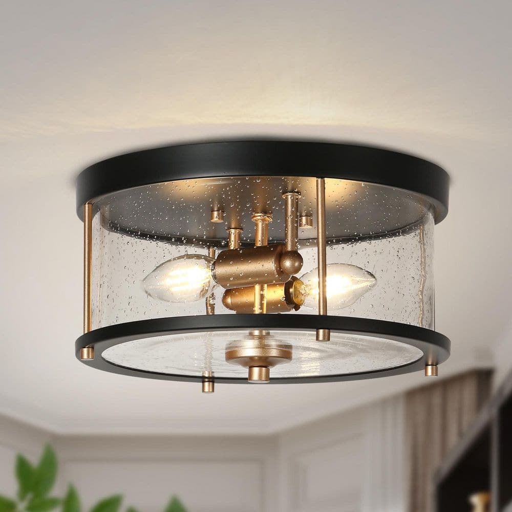 Modern 11 in. 2-Light Dark Gold and Black Minimalist Flush Mount with Drum Seeded Glass Shade, Drum Ceiling Light price history on PriceWatchPro