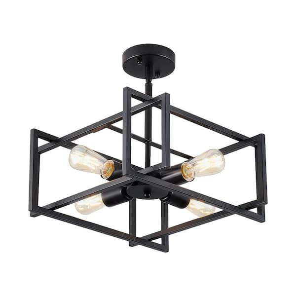 4-Light Semi-Flush Mount Ceiling Light with Black Geometric Metal Square Shade, E26 Bulb Not Included