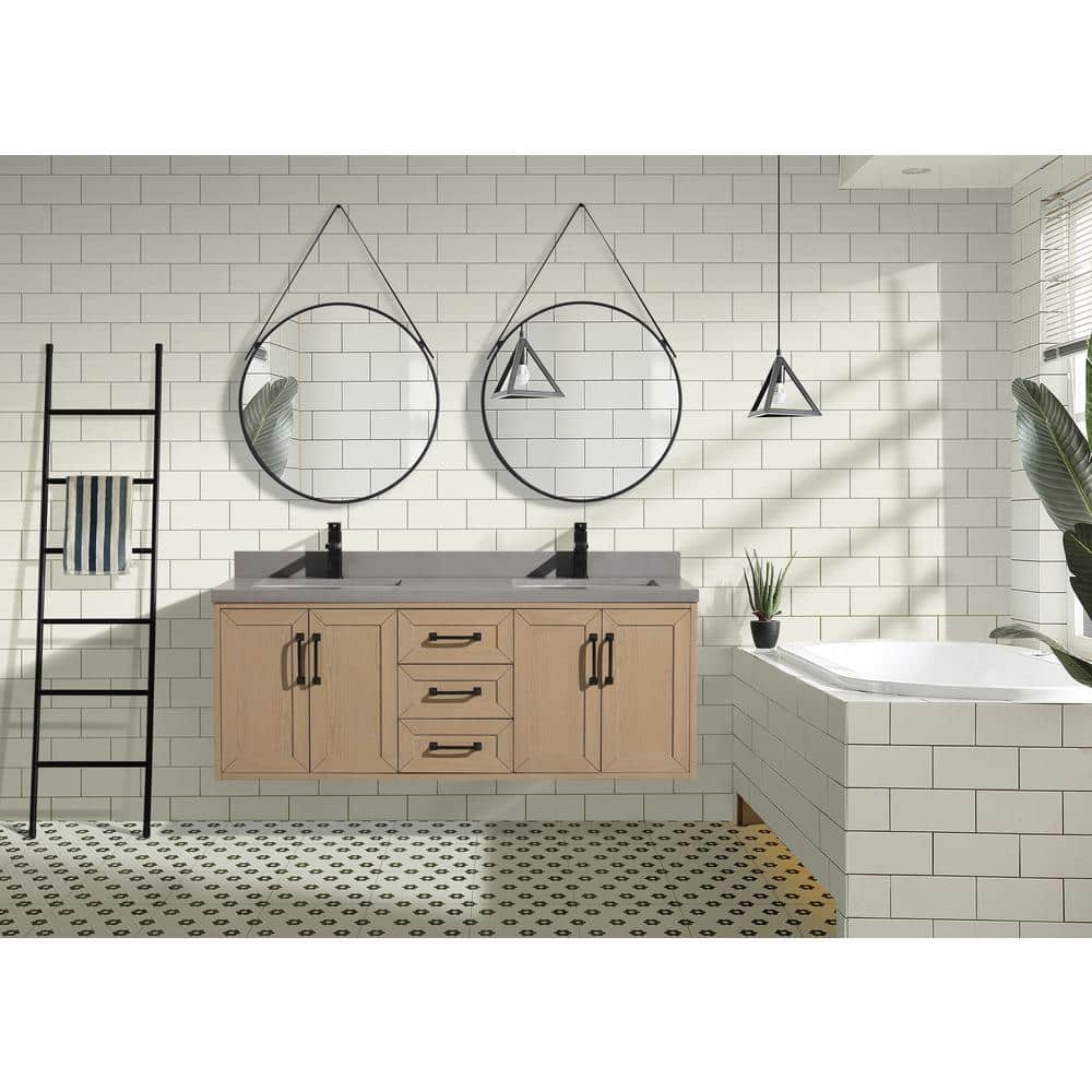 Venice 55" Oak Gray Double Sink Wall-Mount Vanity with Quartz Top