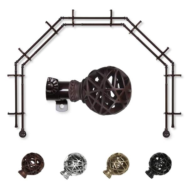 EMOH 13/16" Dia Adjustable 5-Sided Double Bay Window Curtain Rod 28 to 48" (each side) with London Finials in Cocoa