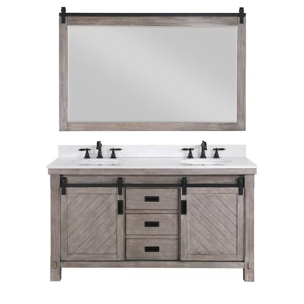 ROSWELL Cortes 60 in. W x 22 in. D x 33.9 in. H Double Sink Bath Vanity in Classical Grey with White Composite Top and Mirror