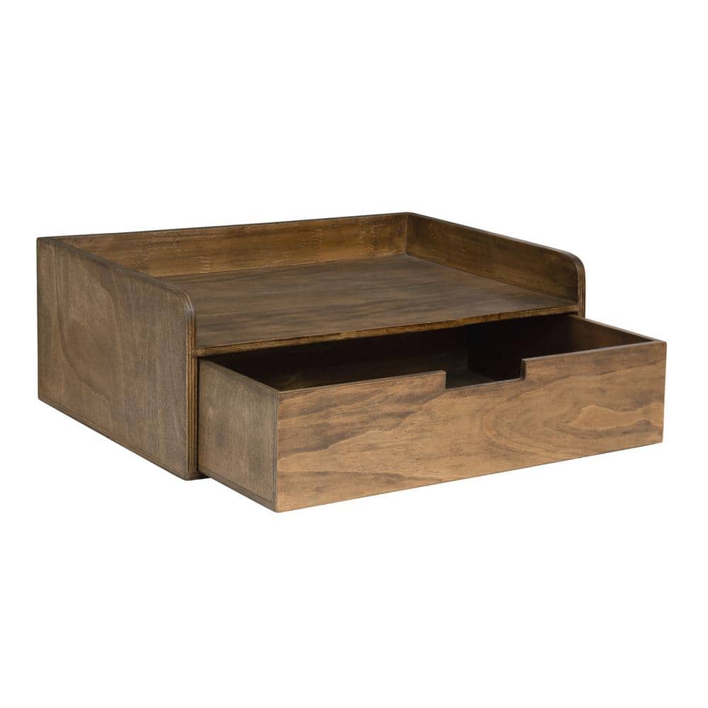Rustic Brown Wood Floating Shelf with Drawer, 21"