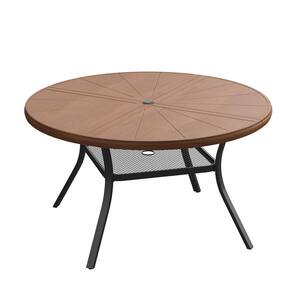 47.2 in. Walnut Round Outdoor Patio Dining Table for 6 with Umbrella Hole, All-Weather Metal Table