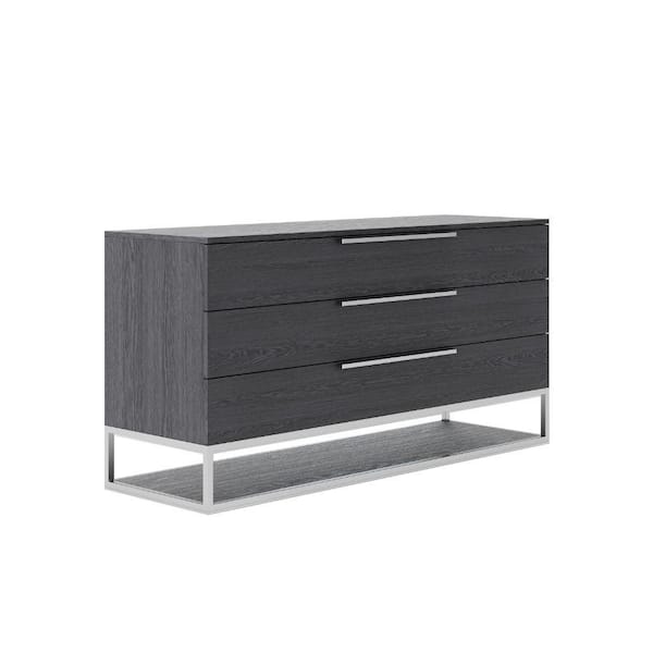 Benjara 18 in. Gray and Chrome 3-Drawer Wooden Dresser Without Mirror