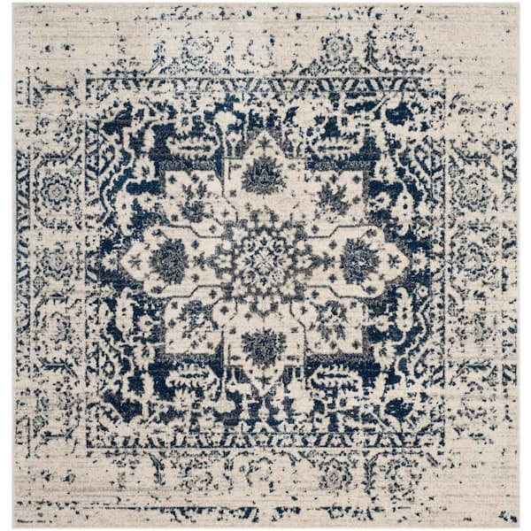 SAFAVIEH Madison Cream/Navy 5 ft. x 5 ft. Distressed Border Square Area Rug