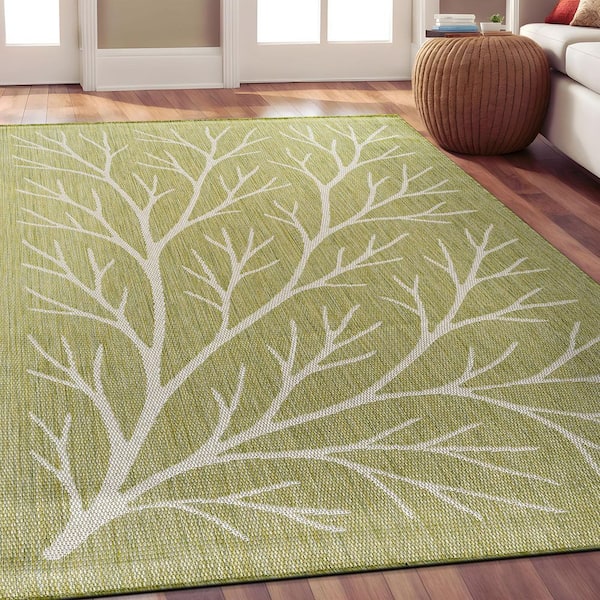 Flora Olive 9 ft. x 12 ft. Coral Branch Washable Indoor Outdoor Area Rug