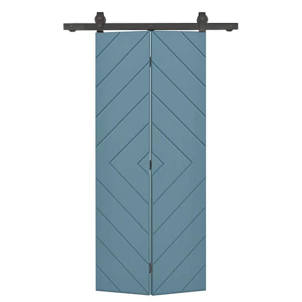 CALHOME Diamond 32 in. x 80 in. Dignity Blue Painted MDF Modern Bi-Fold Barn Door with Sliding Hardware Kit