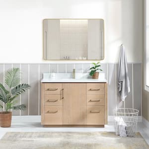 San 48 in.W x 22 in.D x 33.8 in.H Single Sink Bath Vanity in Washed Ash Grey with White Composite Stone Top and Mirror