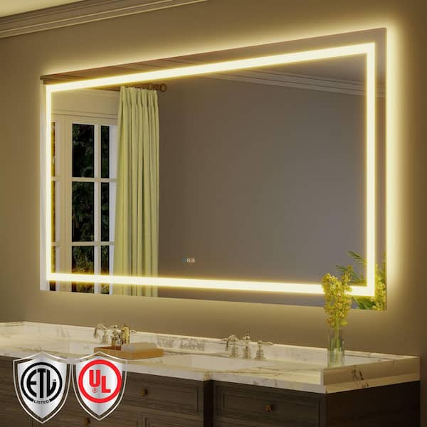 96 in. W x 48 in. H Rectangular Frameless Anti-Fog LED Light Wall Bathroom Vanity Mirror with Backlit and Front Light