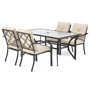 5 Piece Metal Outdoor Dining Set Stack Chairs Glass Table with Umbrella Hole Beige Cushions