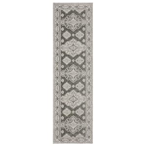 Imperial Gray 2 ft. x 8 ft. Oriental Triple Medallion Persian-Inspired Polyester Indoor Runner Area Rug