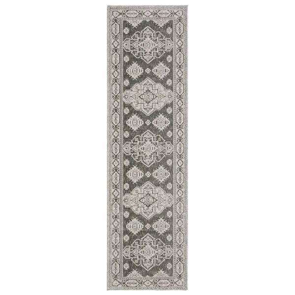 AVERLEY HOME Imperial Gray 2 ft. x 8 ft. Oriental Triple Medallion Persian-Inspired Polyester Indoor Runner Area Rug