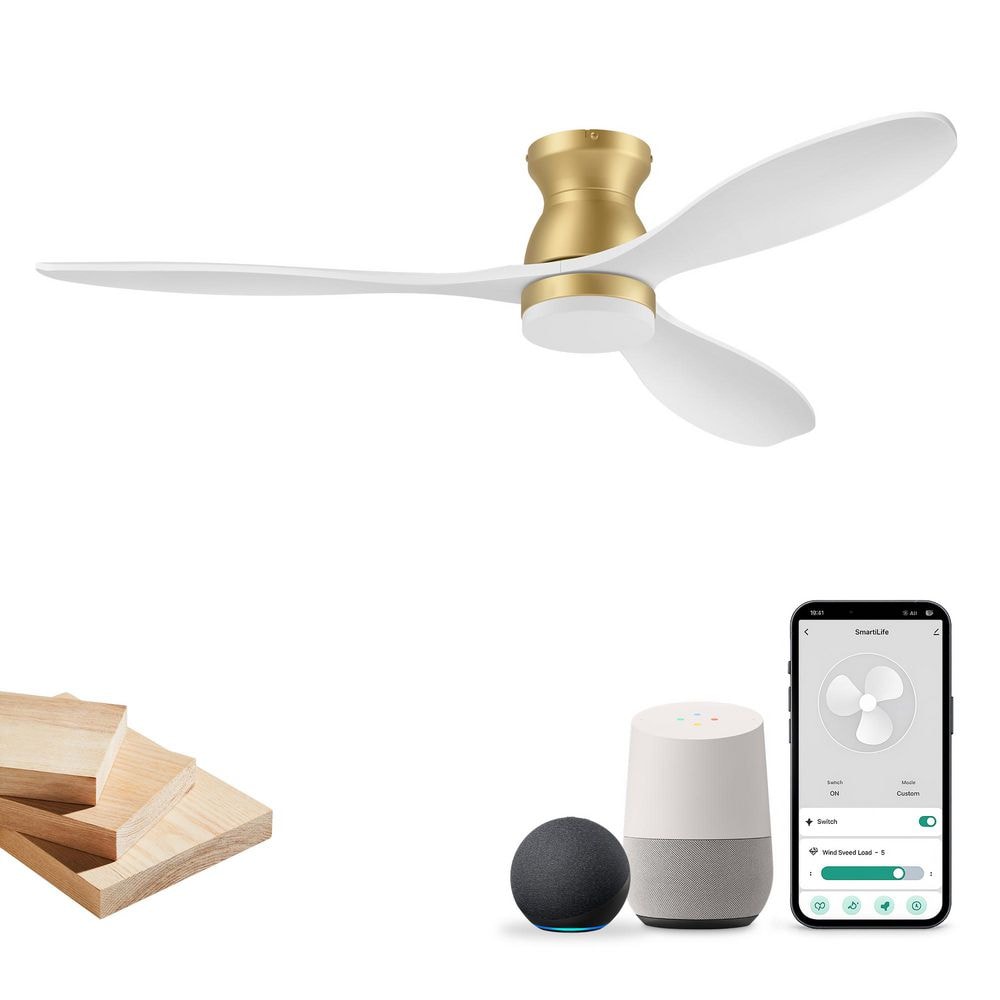 52 in. Smart Outdoor Indoor Gold White Ceiling Fans with LED Lights and Remote, Control with WiFi Alexa APP, High CFM