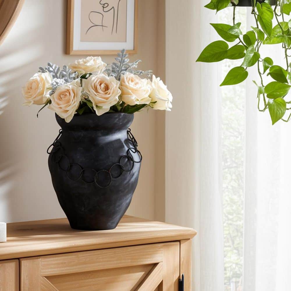 Liv & Skye 12 in. Black Ceramic Amphora Rustic Decorative Vase