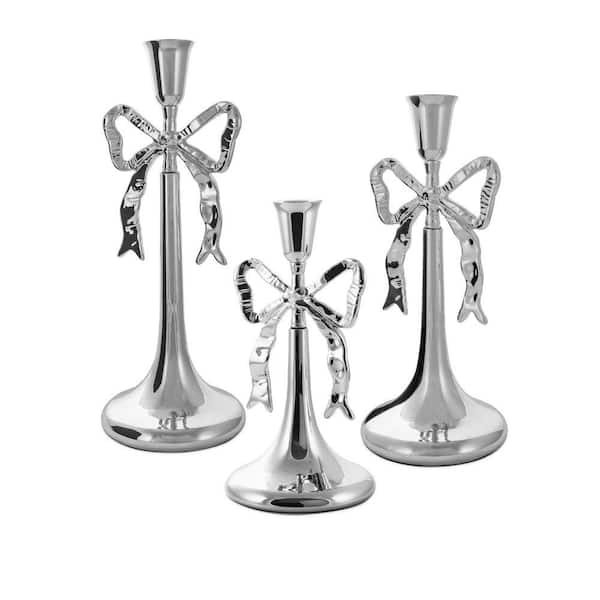 Bow Candle Holders (Set of 3)-Silver Metal Taper Candlestick Holders, Vintage Decor for Dining, or Housewarming Gift WK0978