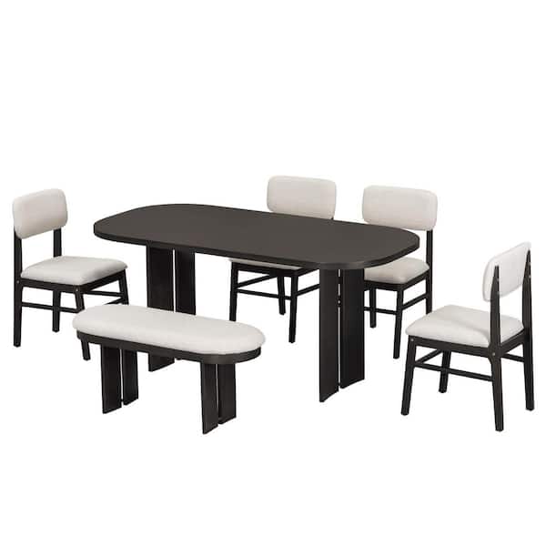 6-Piece Rectangular Espresso Wood Top Dining Table Set Seats 5 with 4 Upholstered Dining Chairs and Dining Bench