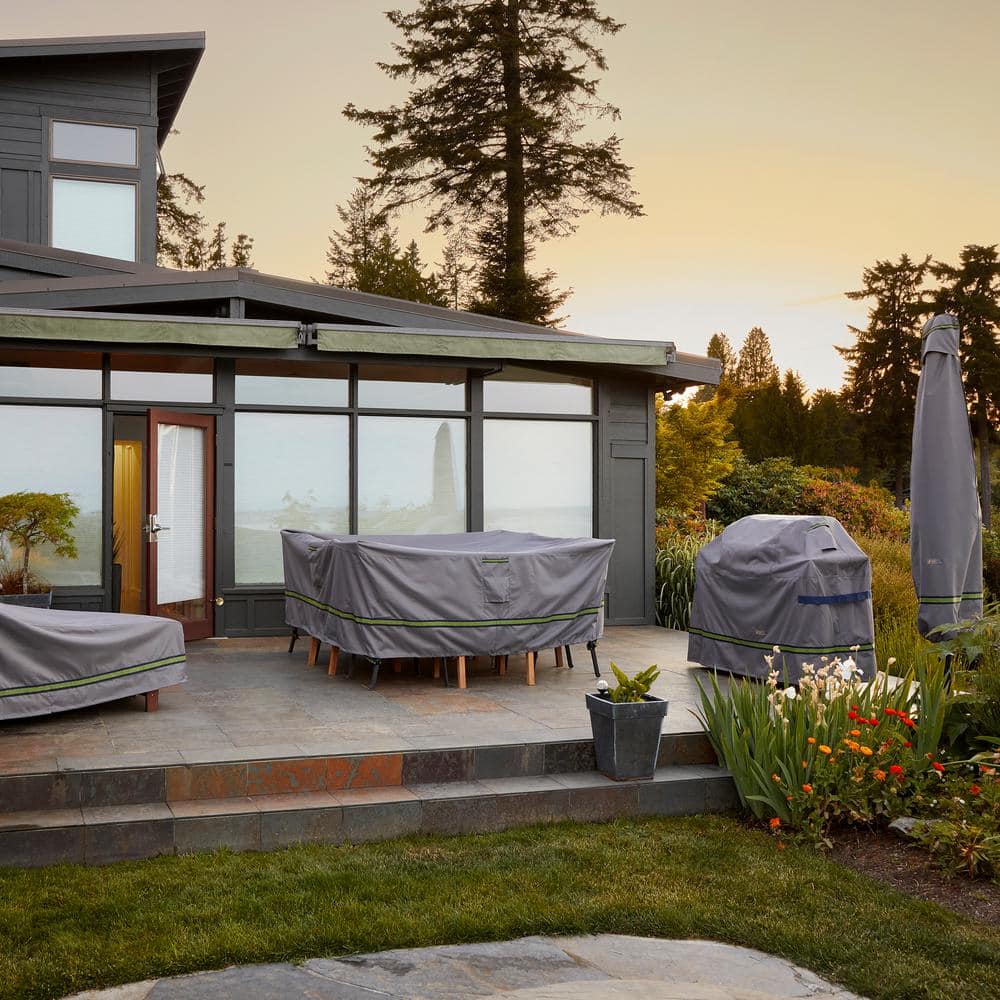 Grey Waterproof Square Fire Pit Cover with Sporty Webbed Accent