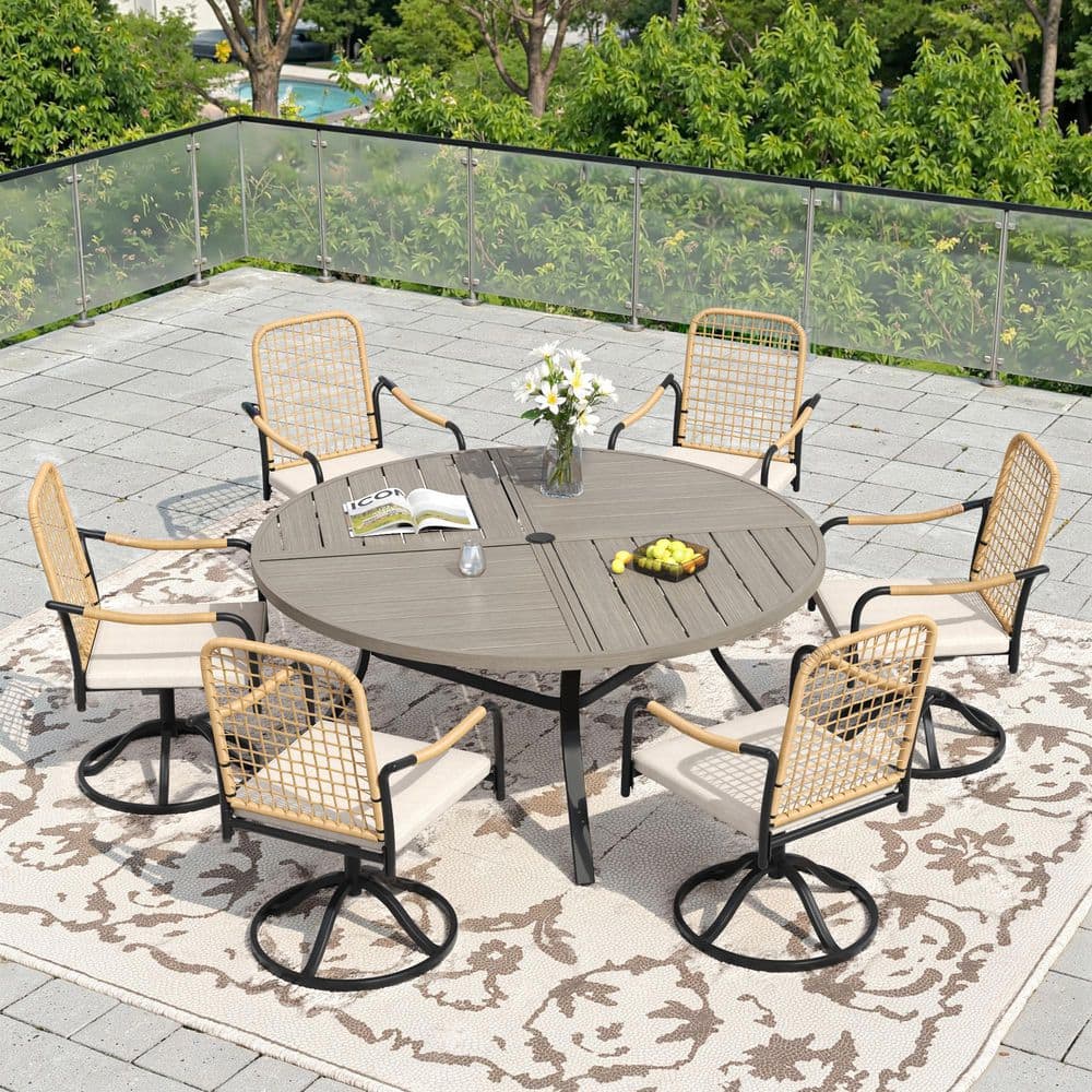 7-Piece Metal Outdoor Dining Set with 50 in. Gray Wood-Like Round Table and 6-Swivel Wicker Chairs with Beige Cushions price history on PriceWatchPro