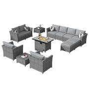 Vesta Gray 13-Piece Wicker Outerdoor Patio Rectangular Fire Pit Set with Dark Gray Cushions