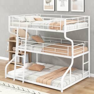 White Full XL over Twin XL over Queen Size Metal Triple Bunk Bed with Ladder