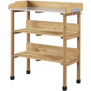 Outdoor Garden Natural Wood Potting Bench with 3 Storage Shelves and Hook Work Station