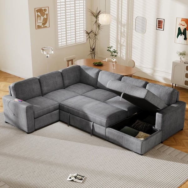 115.6 in. U-shaped Corduroy 6-Seater Sectional Sofa Bed in. Gray with Pull-out Sofa, USB Interfaces