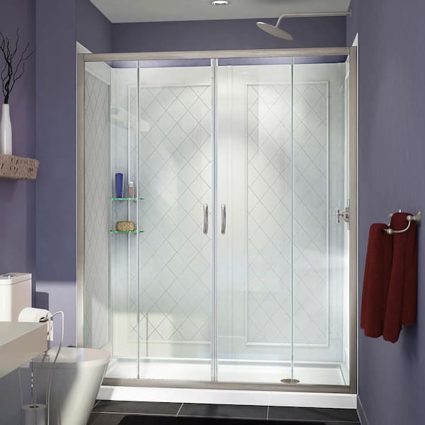 DreamLine Visions 60 in. W x 34 in. D x 76-3/4 in. H Semi-Frameless Shower Door in Brushed Nickel with White Base and Backwalls