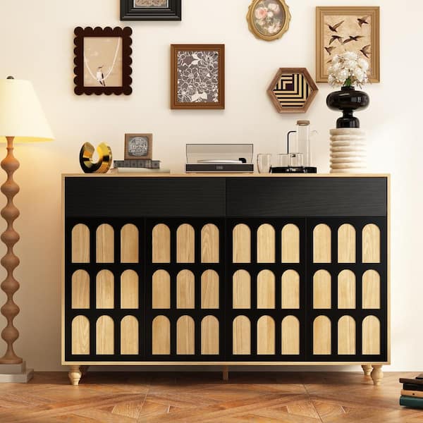 FUFU&GAGA 59 in. L Brown Rectangle Wood Console Table Accent Cabinet Hallway with Push-to-Open Doors, Drawers, Arch-Pattern Design