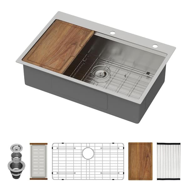 33 in. Drop in Workstation Sink Single Bowl 16-Gauge Brushed Stainless Steel Kitchen Sink with Accessories