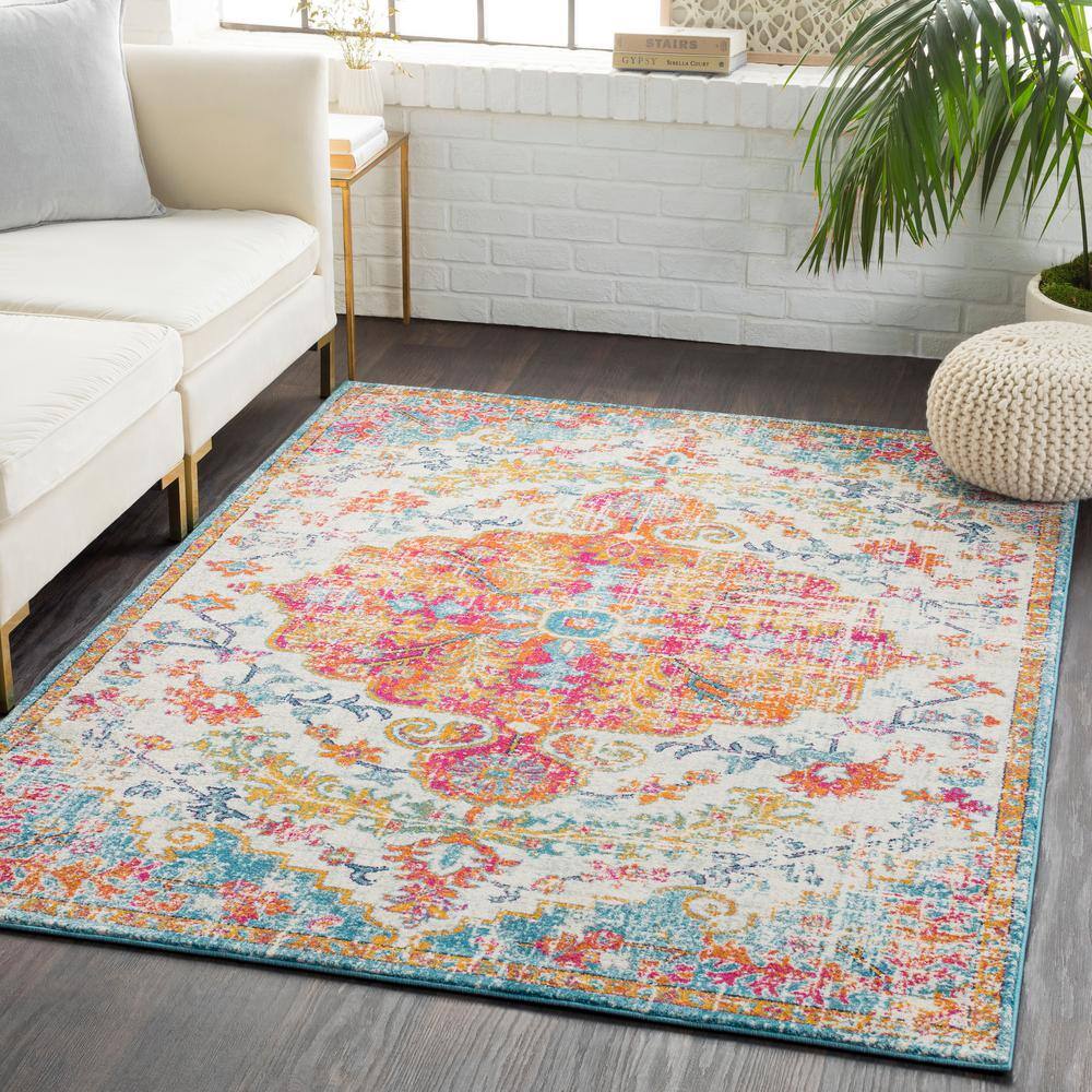 Odelia Orange and Aqua Vintage Medallion Area Rug 7'10" x 10'2"