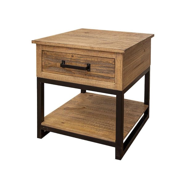 Benjara 22.75 in. Brown and Black Square Wood End Table with 1-Drawer and Shelf