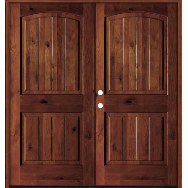 64 in. x 80 in Rustic Knotty Alder Arch Top VG Right-Hand/Inswing Double BEHR Red Mahogany Stain Wood Prehung Front Door