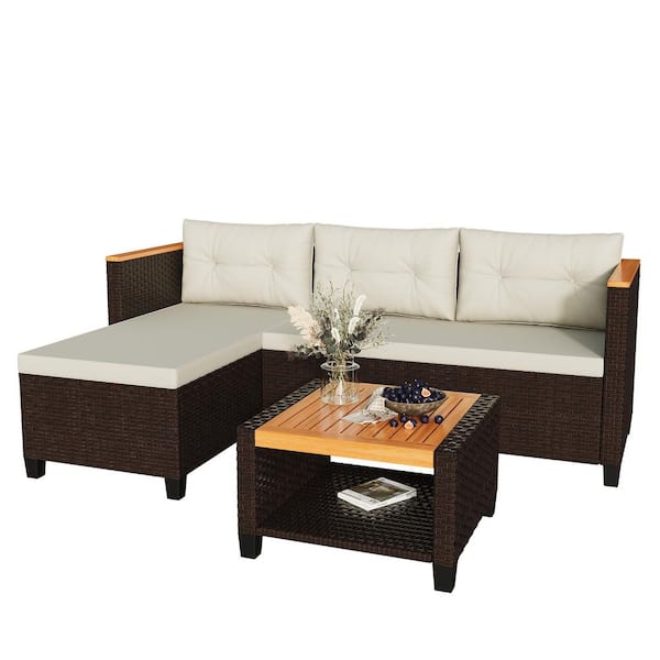 Beige 3-Piece L-Shaped Wicker Patio Set with Cushions and Table