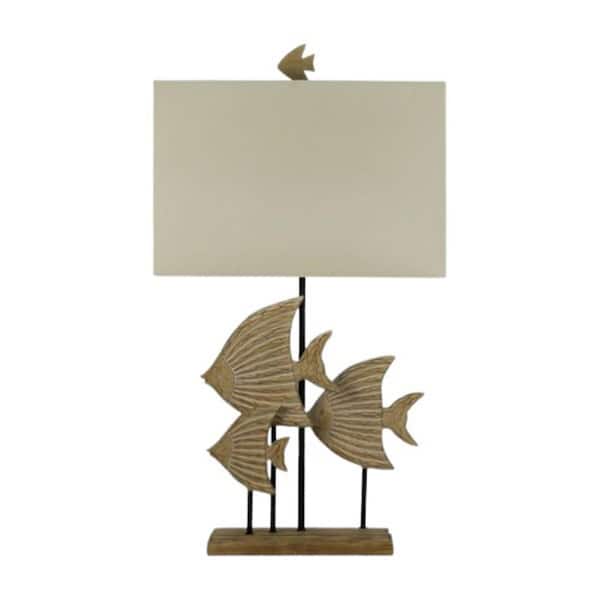 Fangio Lighting 32.5 in. Weathered Beige Fish Casting Trio Design Table Lamp with Designer Shade and Finial