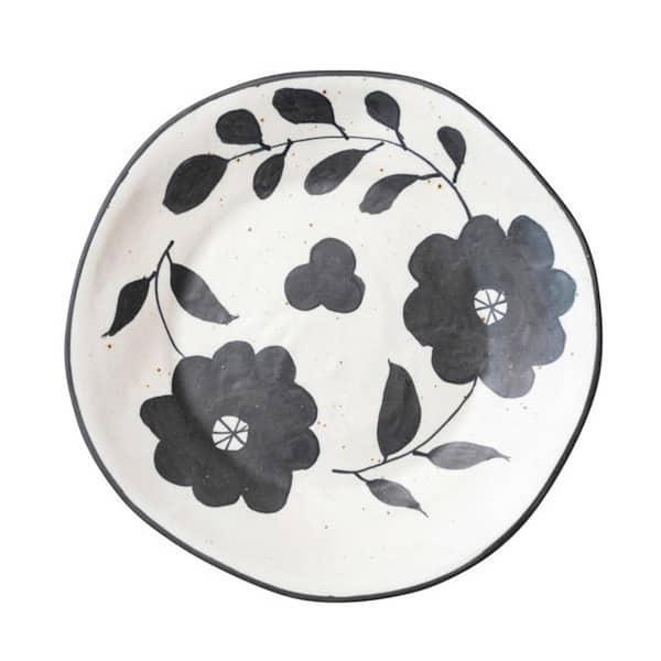 Storied Home 11.5 in. Black and White Organically Shaped Edge Stoneware Round Floral Serving Platters