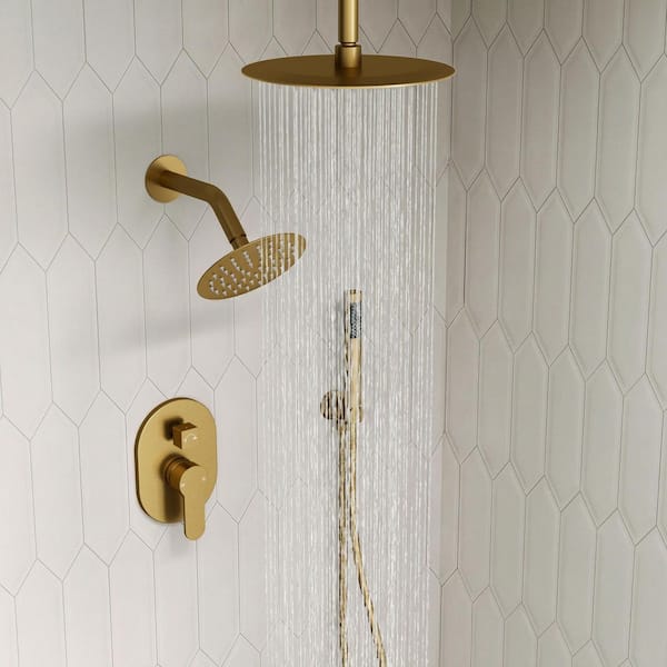 3-Spray 10 and 6 in. Dual Shower Heads Ceiling Mount and Handheld Shower Head in Brushed Gold (Valve Included)