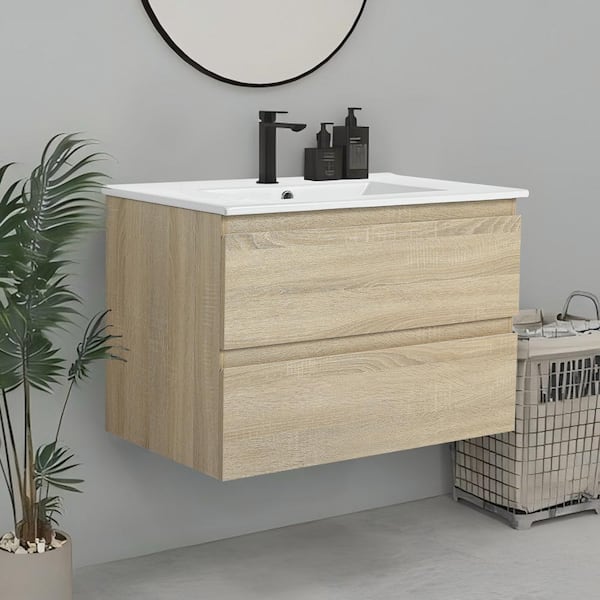 UPIKER Modern 30 in. W x 18.3 in. D x 20.5 in. H Floating Bath Vanity Cabinet in Light Oak with White Ceramic Top