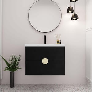 28 in. Wall-Mounted Plywood Black Bathroom Cabinet with 1 White Ceramic Sink and Soft-Close Drawers