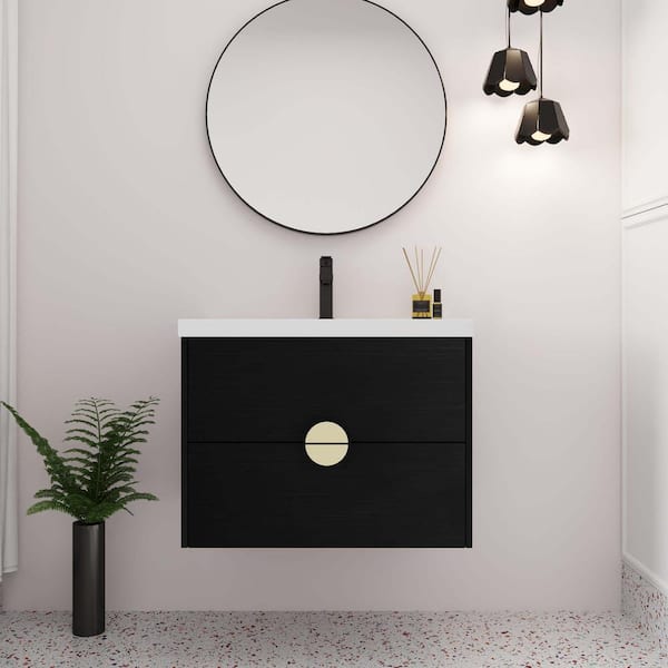 FUNKOL 28 in. Wall-Mounted Plywood Black Bathroom Cabinet with 1 White Ceramic Sink and Soft-Close Drawers