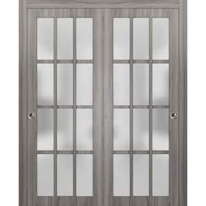 3312 56 in. x 84 in. Full Lite Frosted Glass Gray Ash Solid Wood Sliding Barn Door with Hardware Kit