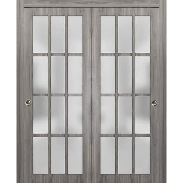 Sartodoors 3312 72 in. x 80 in. Full Lite Frosted Glass Gray Ash Finished Solid Wood Sliding Barn Door with Hardware Kit