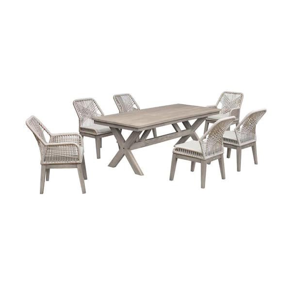 Armen Living Costa 7-Piece Acacia Wood Rectangular Outdoor Dining Set with Grey Cushions