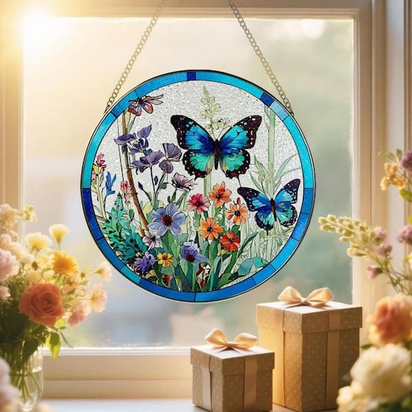 ステンドグラス　蝶 Blue Butterfly Stained Glass Art Glass Window HDFM7FKKTJ - The