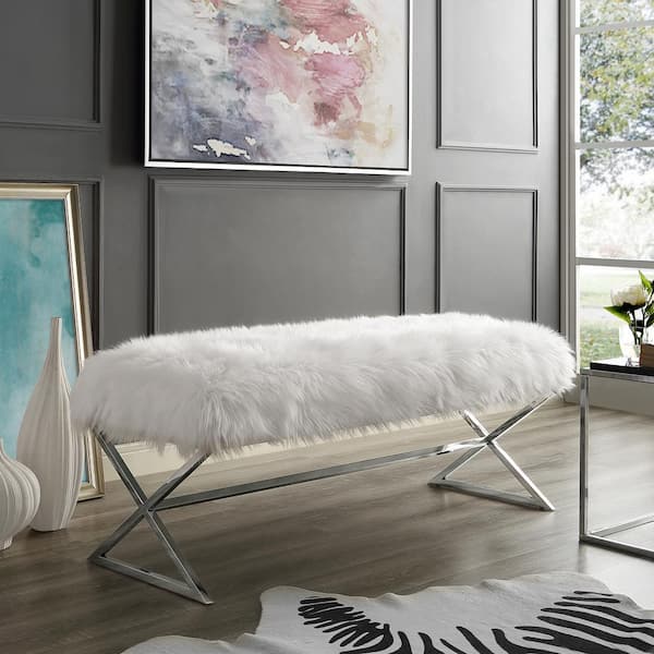 Inspired Home Elora Metal X-Leg White/Chrome Faux Fur Bench BH67-06WE-HD -  The Home Depot