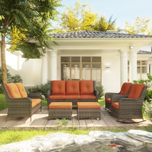 6-Piece Rattan Wicker Outdoor Patio Conversation Set with Orange Cushions