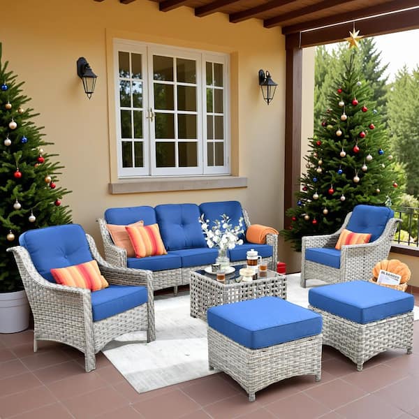 Denver 6-Piece Wicker Outdoor Furniture Patio Conversation Sofa Set with a Solar LED Table and Navy Blue Cushions